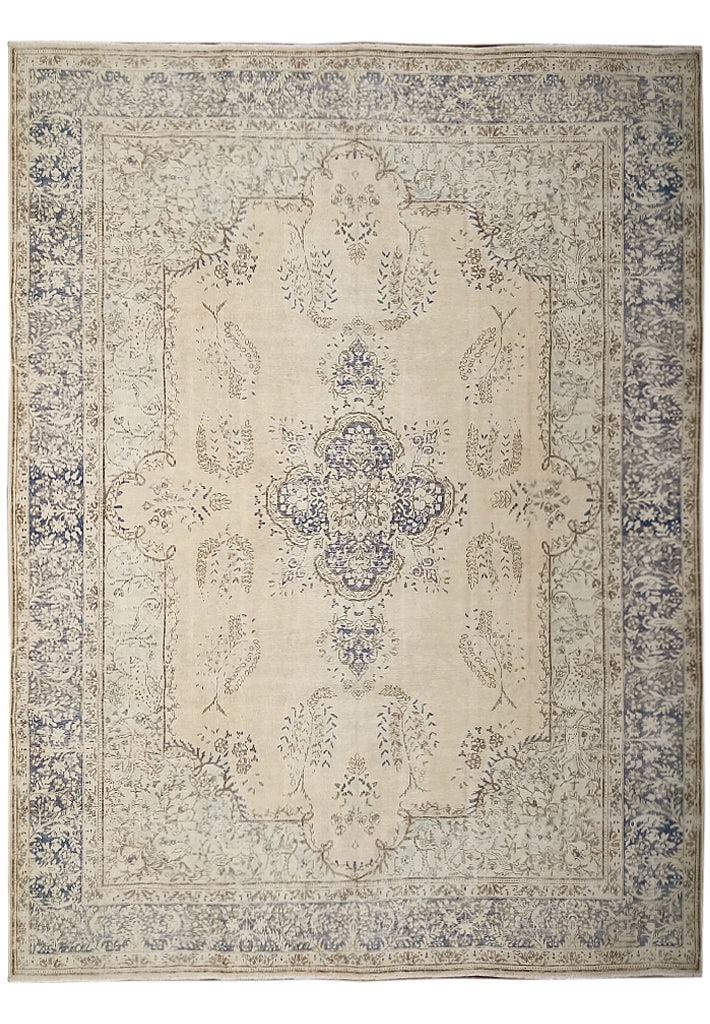 10 x 12.7 Vintage Persian Hand-Knotted Area Rug Beige Gray Blue Kerman Design: 10 x 12.7 Vintage Persian Hand-Knotted Area Rug Beige Gray Blue Kerman Design Free continental US Shipping Enhance your living space with this stunning 10' x 12.7' Vintage Persian Rug, featuring a ref