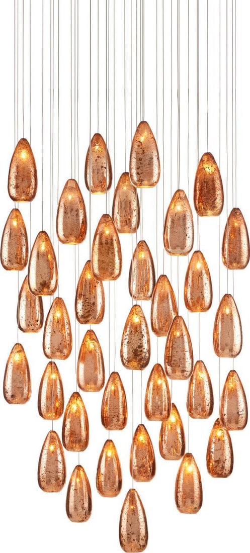 Currey Rame 36-Light Multi-Drop Teardrop Chandelier Copper Silver Glass: Currey Rame 36-Light Multi-Drop Teardrop Chandelier Copper Silver Glass Illuminate your space with the stunning Rame 36-Light Copper and Silver Glass Chandelier, expertly crafted to enhance any decor.