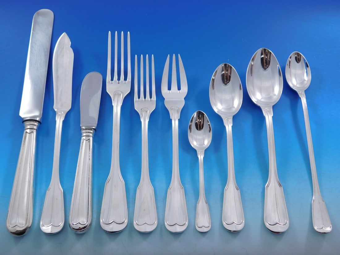 Palladio Fiddle Thread 140 Piece Sterling Silver Flatware Set Italy: Palladio Fiddle Thread 140 Piece Sterling Silver Flatware Set Italy Discover the elegance of Italian dining with this monumental Palladio Fiddle Thread sterling silver flatware set, featuring 140 meti