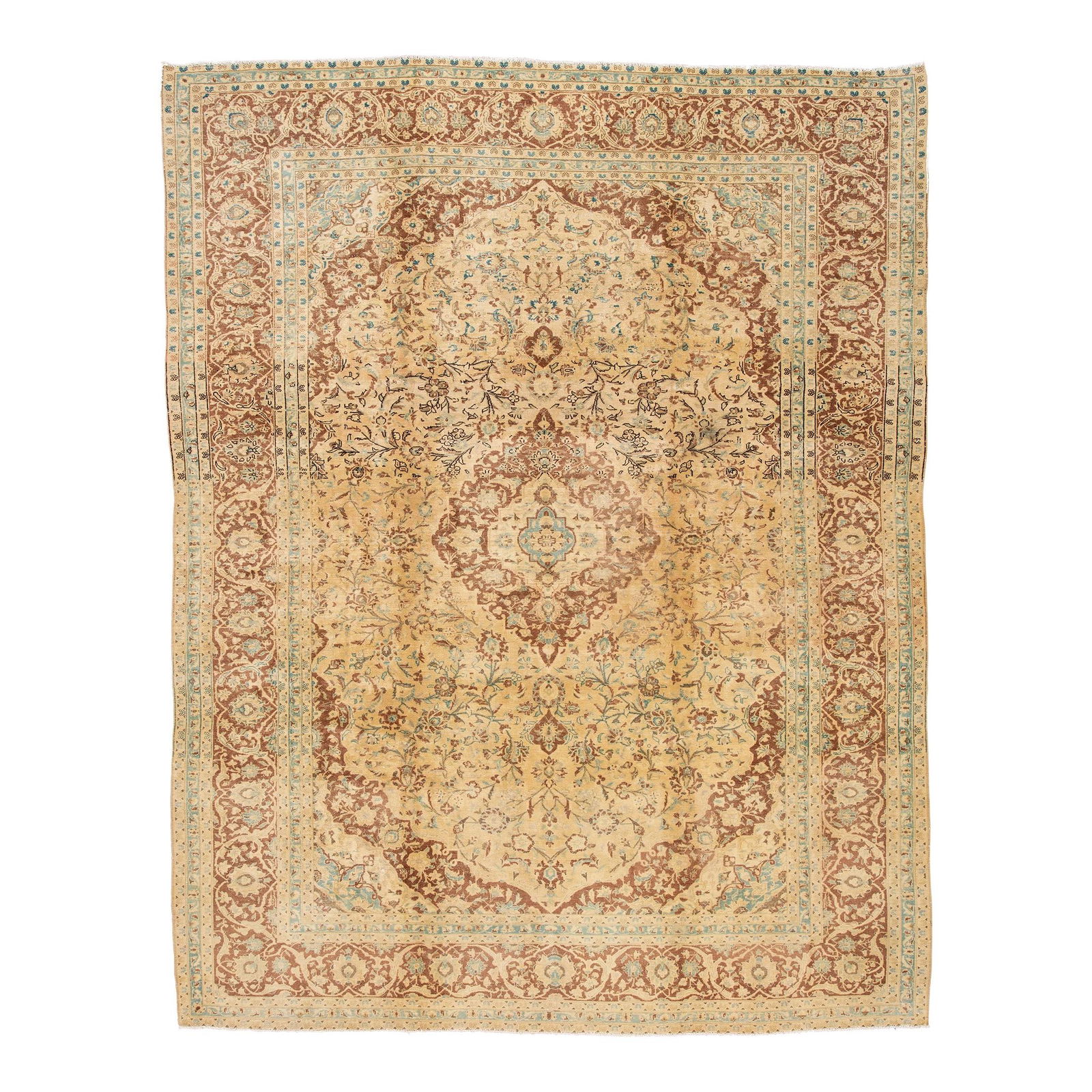 Vintage Persian Tabriz Hand-Knotted Beige Wool Rug 10'1 x 12'10: Vintage Persian Tabriz Hand-Knotted Beige Wool Rug 10'1 x 12'10 This exquisite vintage Persian Tabriz rug showcases a stunning hand-knotted design in a soft beige field, accented beautifully with tan
