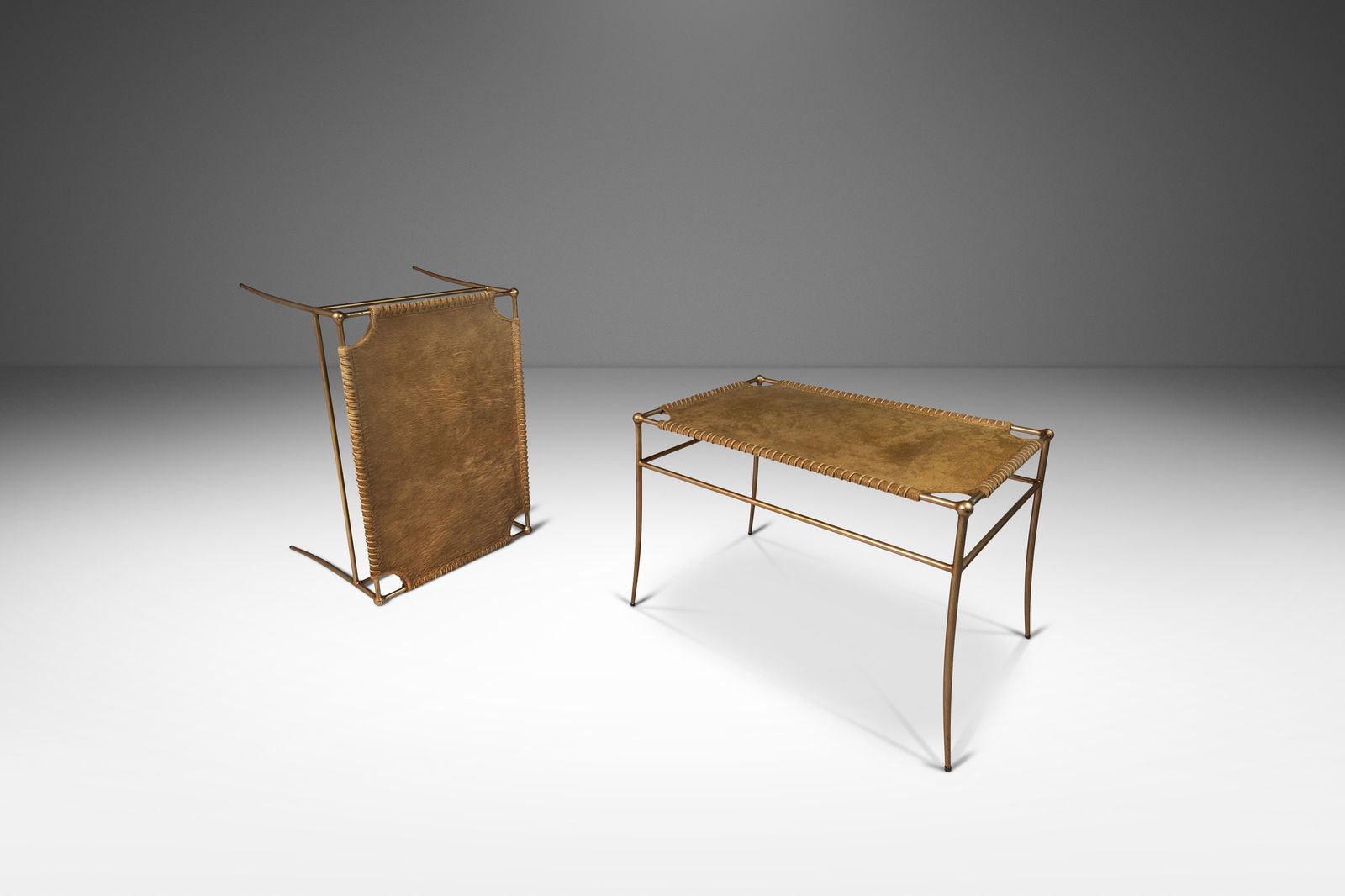 Petite Mid-Century Modern Accent Benches Set of 2 T.H. Robsjohn-Gibbings Style Animal Hide Leather: Petite Mid-Century Modern Accent Benches Set of 2 T.H. Robsjohn-Gibbings Style Animal Hide Leather This exquisite set of two petite Mid-Century Modern accent benches embodies a stunning blend of style