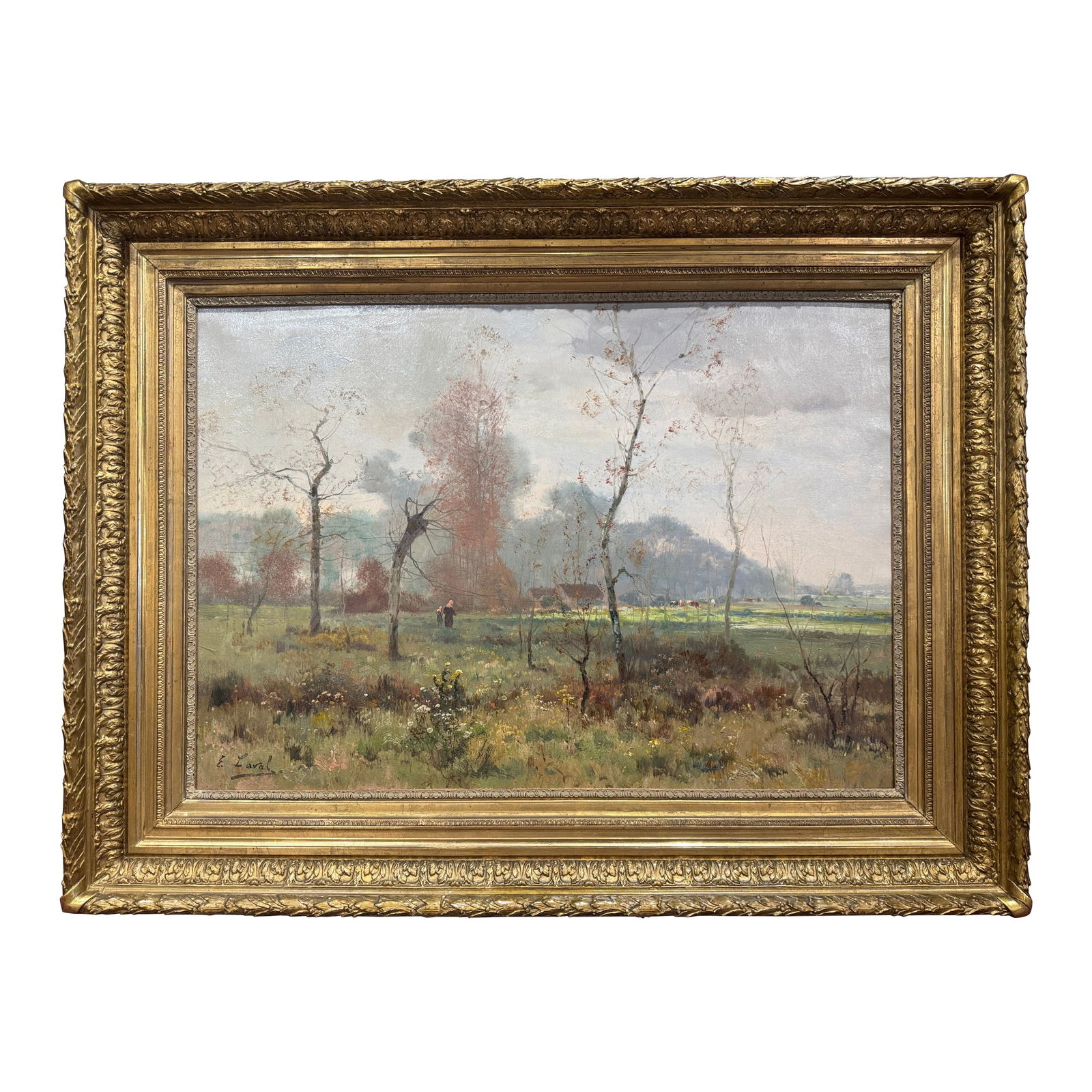 19th Century E. Laval Landscape Oil Painting Barbizon Style Giltwood Frame: 19th Century E. Laval Landscape Oil Painting Barbizon Style Giltwood Frame This exquisite 19th Century French Landscape Oil Painting, signed by E. Laval, is a stunning example of the Barbizon School s
