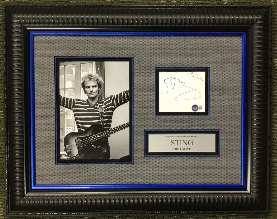 Sting Signed Cut Card Photo Custom Frame Beckett Authenticated: Sting Signed Cut Card Photo Custom Frame Beckett Authenticated This stunning custom-framed photograph features a signed cut card by the legendary musician Sting. The piece is authentically certified b