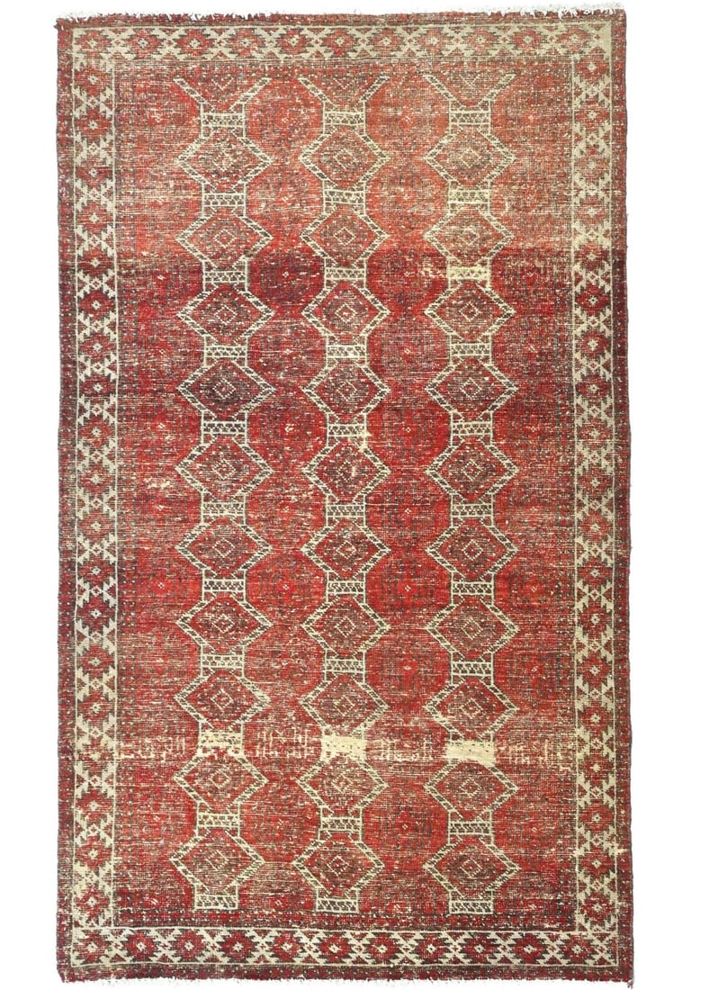 Vintage Tribal Geometric Hand-Knotted Wool Area Rug 4x6 ft Red: Vintage Tribal Geometric Hand-Knotted Wool Area Rug 4x6 ft Red This exquisite vintage Oriental rug showcases a captivating geometric tribal pattern in muted tones of red, cream, and charcoal. Hand-kno