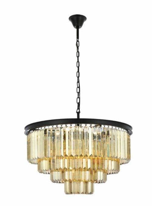 Sydney 17-Light Matte Black Chandelier with Golden Teak Crystal Accents 32 Inch: Sydney 17-Light Matte Black Chandelier with Golden Teak Crystal Accents 32 Inch This modern chandelier features a matte black frame adorned with high-quality golden teak royal cut crystals, creating a