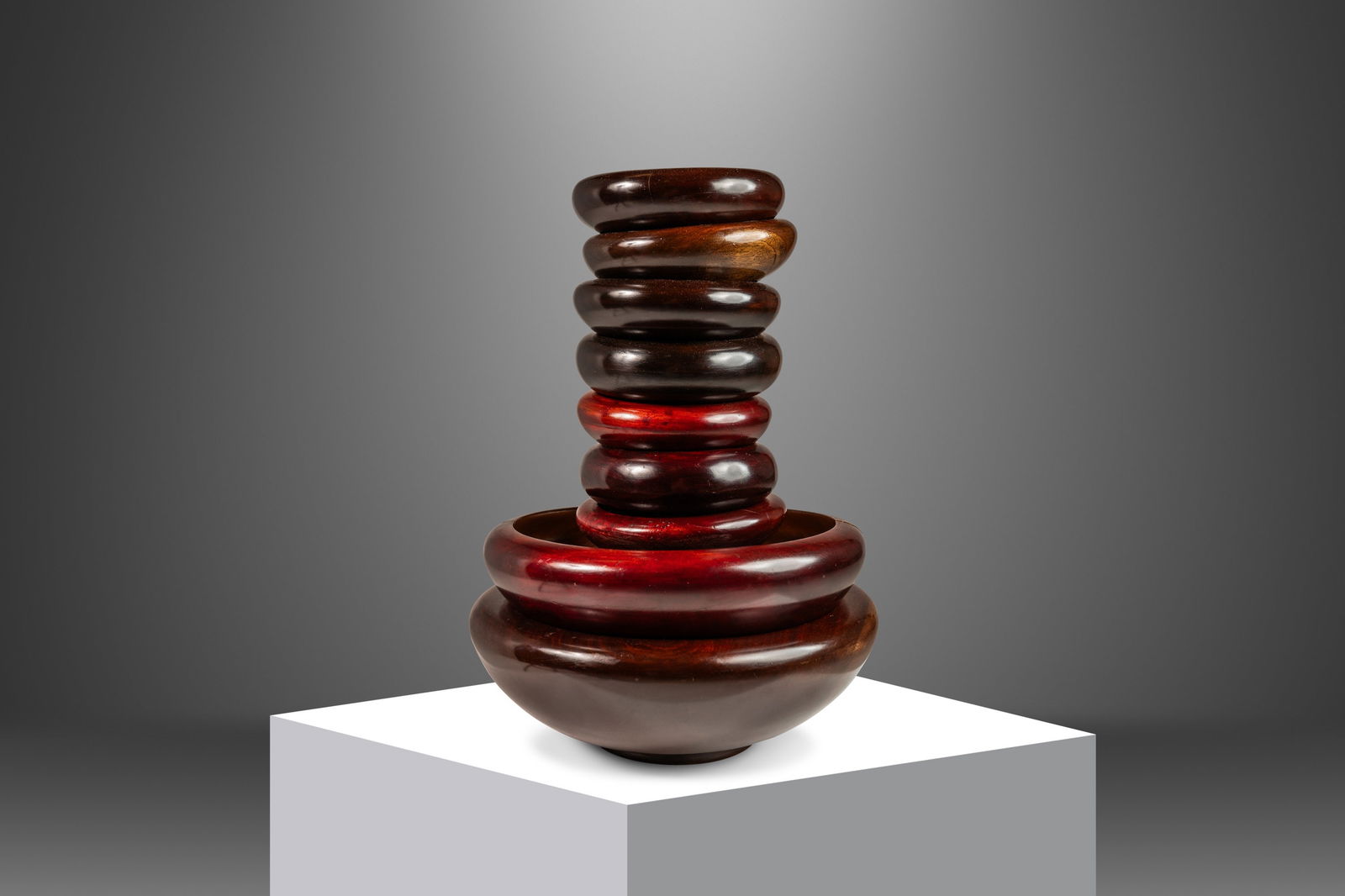 Set of 10 Danish Modern Cherry Wood Serving Bowls c. 1960s: Set of 10 Danish Modern Cherry Wood Serving Bowls c. 1960s This exquisite set of ten hand-turned serving bowls showcases the beauty of Danish Organic Modern design, crafted from solid cherry wood in t