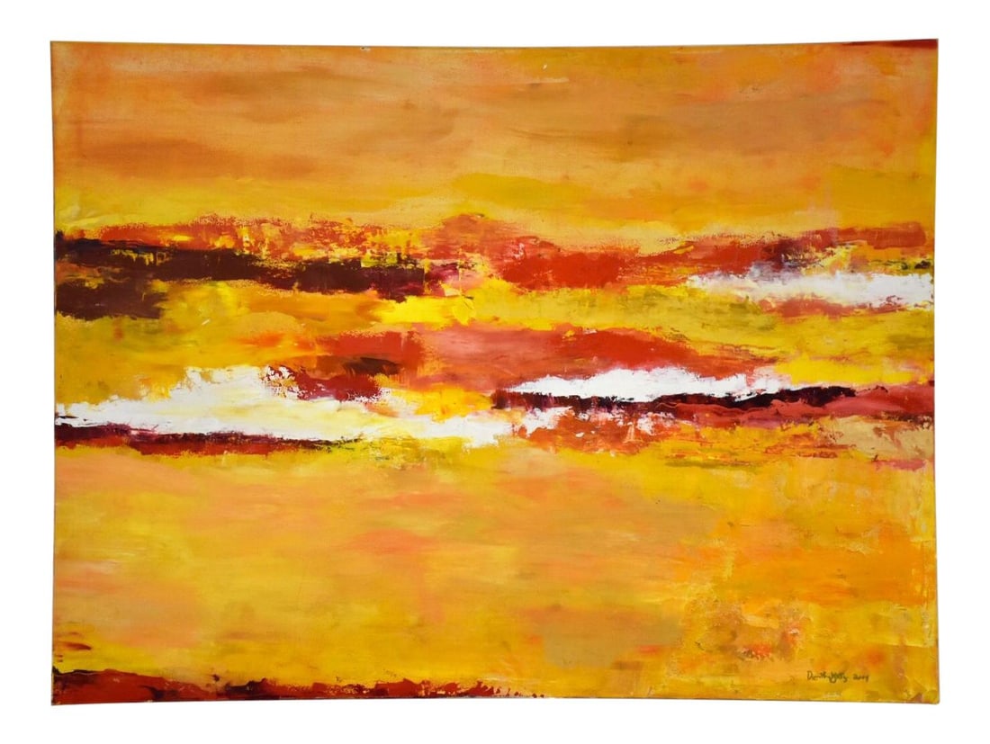 Dottie Katz 2004 Yellow Abstract Acrylic Canvas Artwork: Dottie Katz 2004 Yellow Abstract Acrylic Canvas Artwork This striking modern abstract painting by Dottie (Dorothy) Katz features a vibrant yellow palette and is crafted with acrylic on canvas. Signed