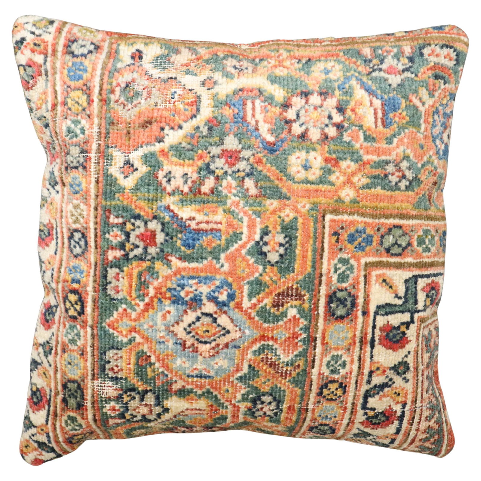 Zabihi Collection Antique Persian Mahal Pillow 18x18 Sultanabad Design: Zabihi Collection Antique Persian Mahal Pillow 18x18 Sultanabad Design Transform your space with this exquisite Antique Persian Mahal Border Rug Pillow, crafted from a vintage Persian rug. This stylis