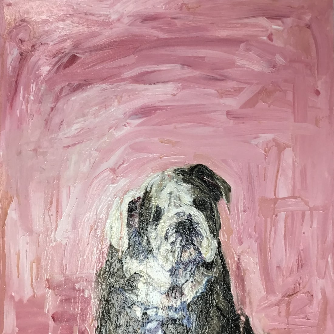 Andrew Ehrenworth Signed 1994 Lucy Bull Dog Original Oil Painting 26x26: Andrew Ehrenworth Signed 1994 Lucy Bull Dog Original Oil Painting 26x26 This striking original oil painting titled 'Lucy Bull Dog Portrait' is a captivating work by artist Andrew Ehrenworth, created i