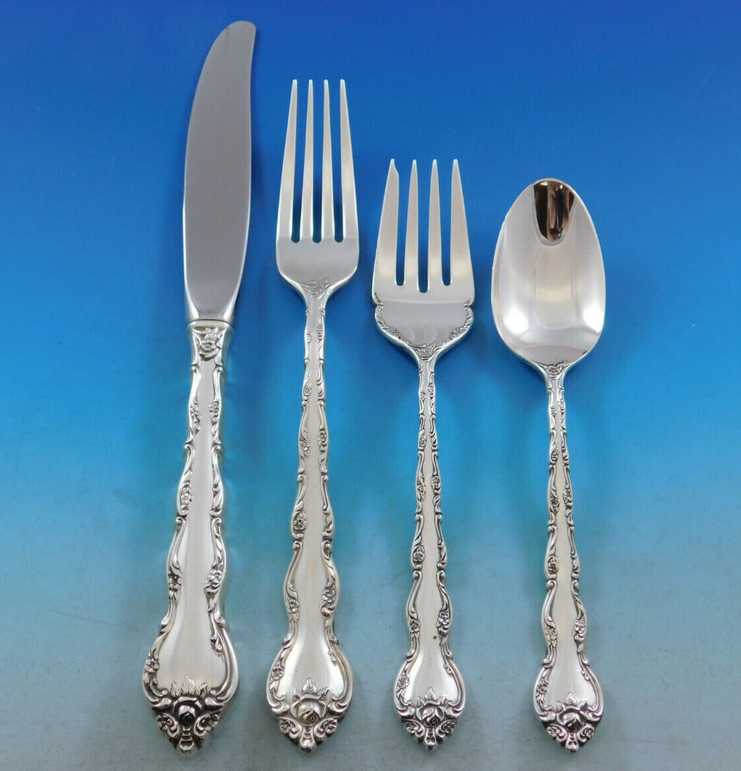 Feliciana Wallace Sterling Silver Flatware Set 55 Pieces for 12 with Storage Chest: Feliciana Wallace Sterling Silver Flatware Set 55 Pieces for 12 with Storage Chest Elevate your dining experience with the Feliciana by Wallace Sterling Silver Flatware Set, expertly crafted for servi