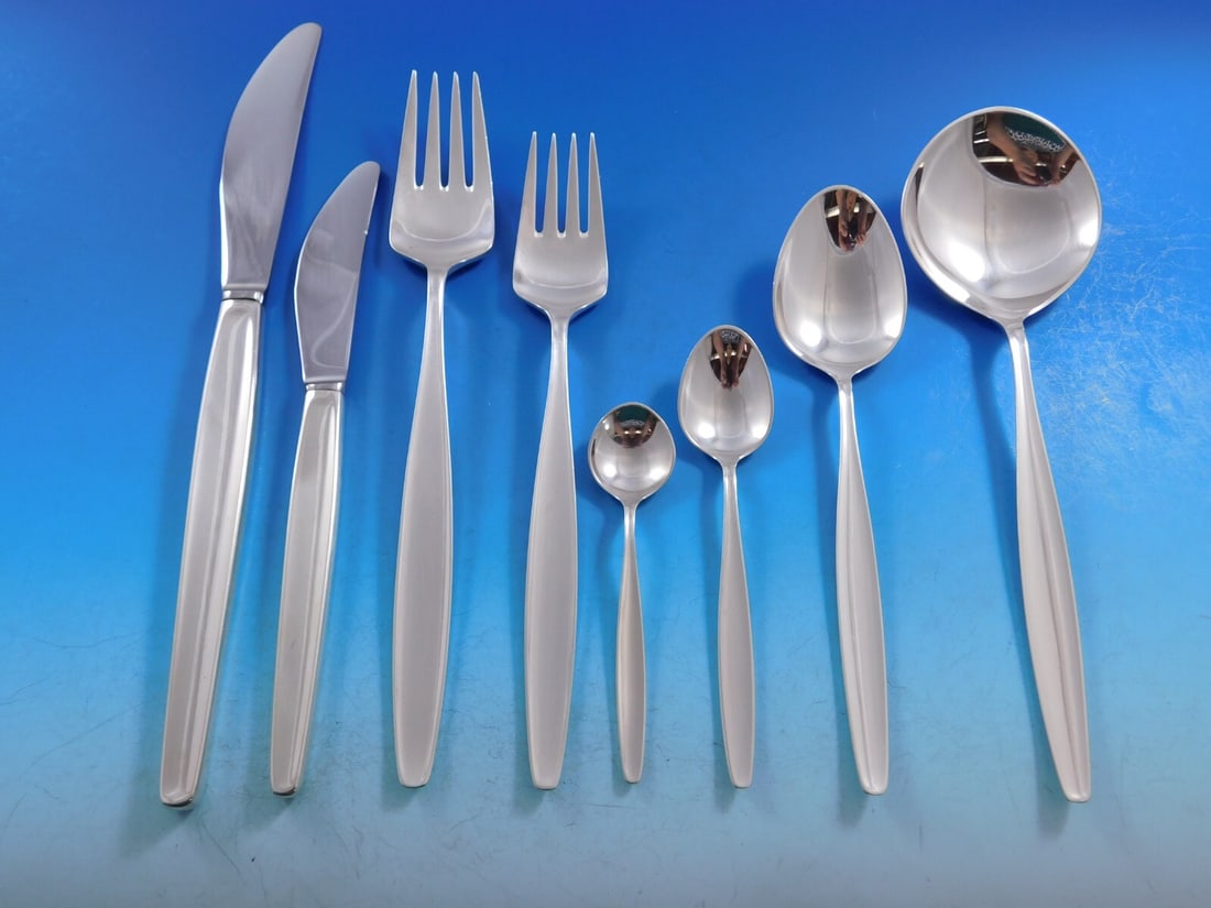 Georg Jensen Cypress Sterling Silver Flatware Set 53 pcs Mid-Century Modern: Georg Jensen Cypress Sterling Silver Flatware Set 53 pcs Mid-Century Modern Elevate your dining experience with the stunning Cypress Sterling Silver Flatware Set from Georg Jensen. Designed by Tias Ec