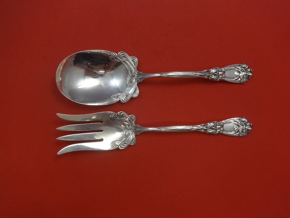 Durgin-Gorham Iris Sterling Silver Salad Set 9 Inch: Durgin-Gorham Iris Sterling Silver Salad Set 9 Inch This exquisite salad set features the elegant Iris pattern by Durgin-Gorham, crafted entirely from sterling silver. Each piece in the set measures 9