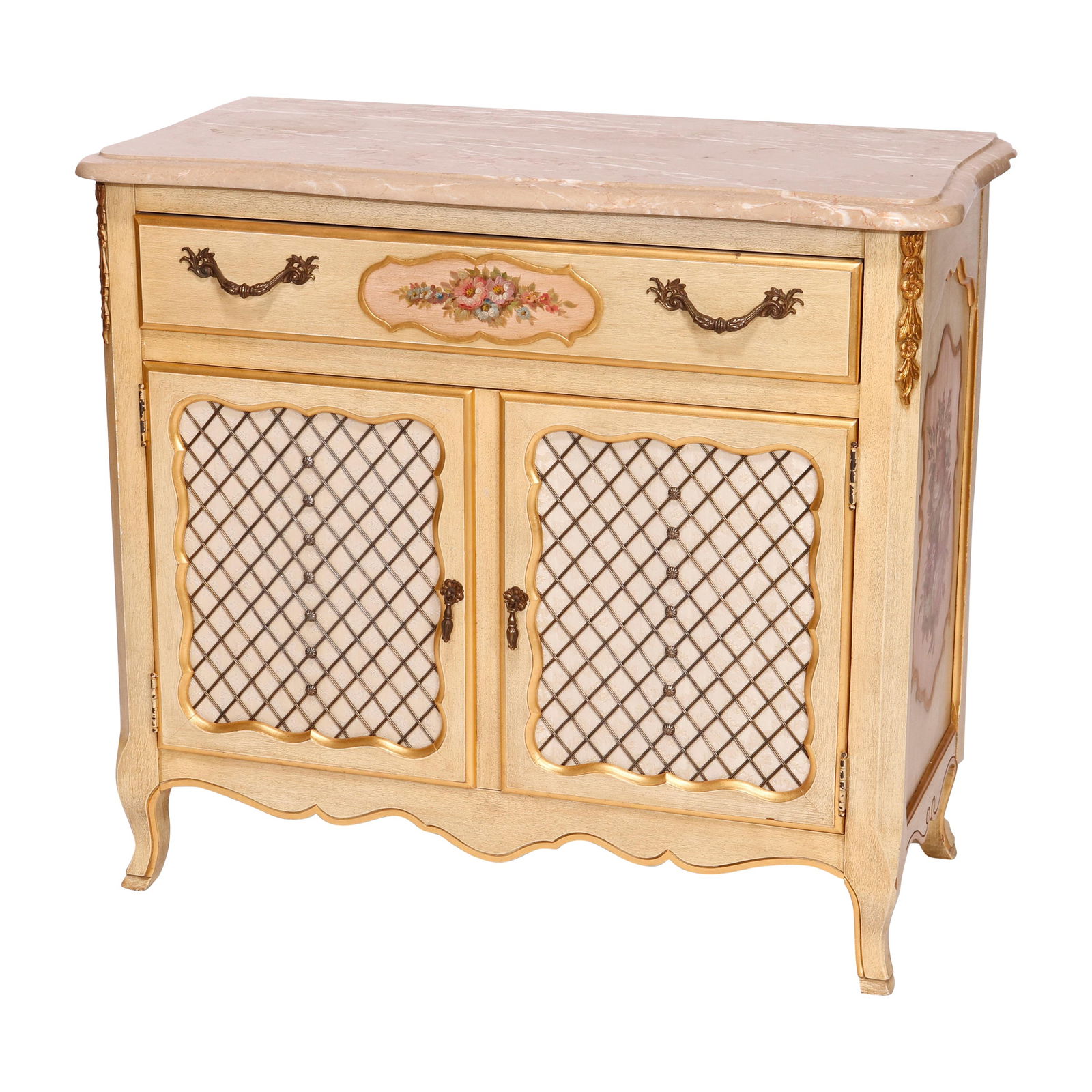 Kozak Studios 20th Century French Provincial Commode with Marble Top: Kozak Studios 20th Century French Provincial Commode with Marble Top This elegant French Provincial style commode by Kozak Studios exemplifies vintage craftsmanship from the 20th century. It features