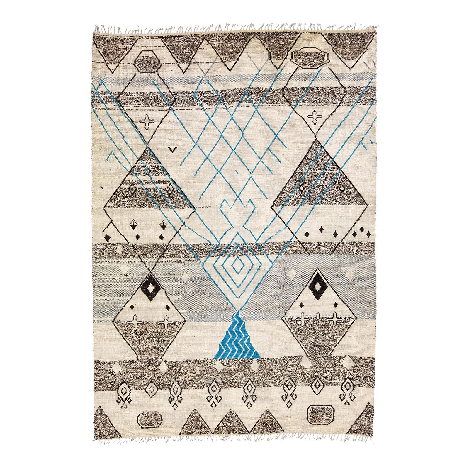 Modern Moroccan Beige Wool Rug 10'2 x 14'4 Handmade Tribal Design: Modern Moroccan Beige Wool Rug 10'2 x 14'4 Handmade Tribal Design Enhance your space with this stunning modern Moroccan style hand-knotted wool rug. Featuring a beautiful beige field, this rug showcas