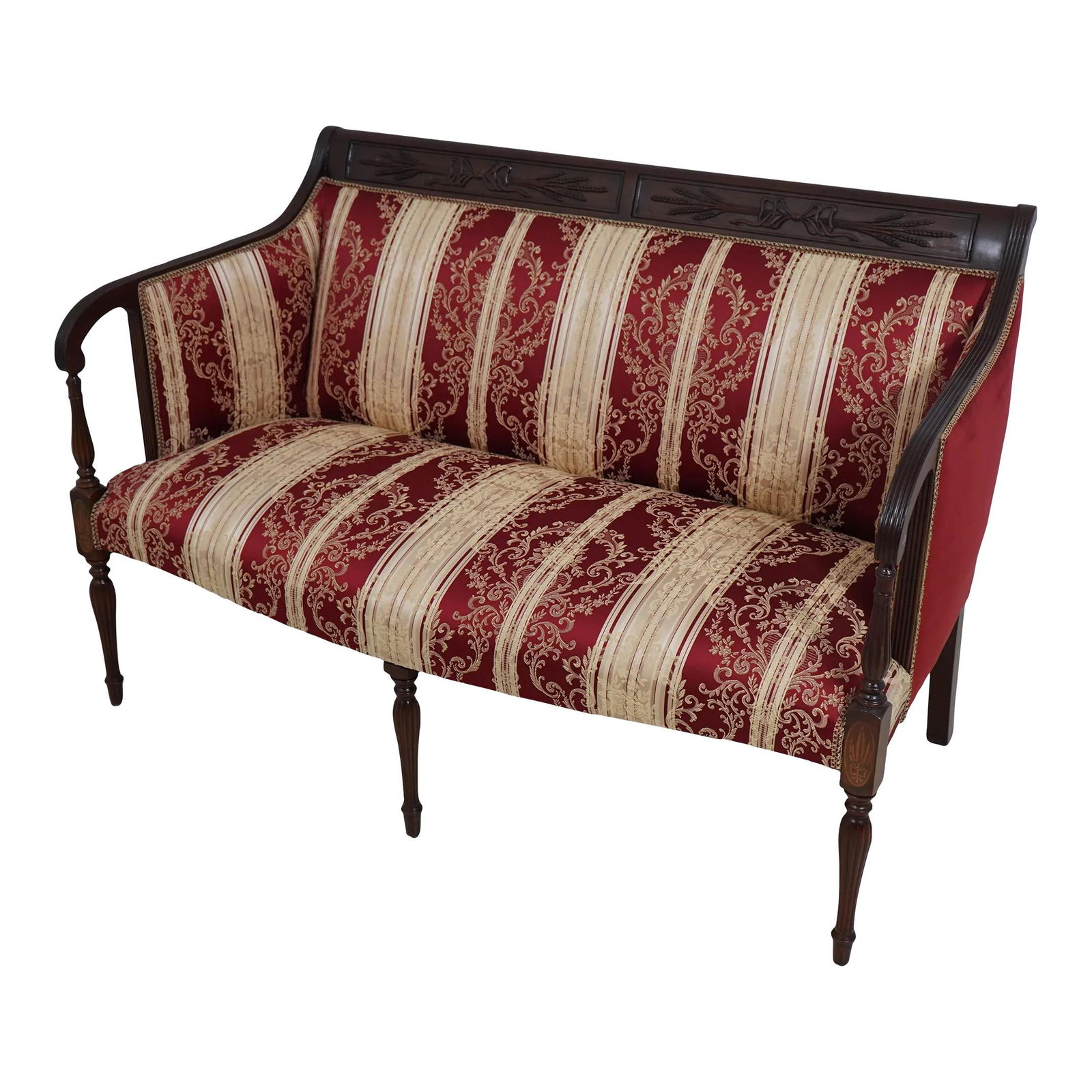 Southwood Sheraton Mahogany Loveseat with Damask Upholstery: Southwood Sheraton Mahogany Loveseat with Damask Upholstery This stunning Southwood Inlaid Sheraton Mahogany Loveseat showcases exquisite craftsmanship and timeless design. Featuring elegant wheat car