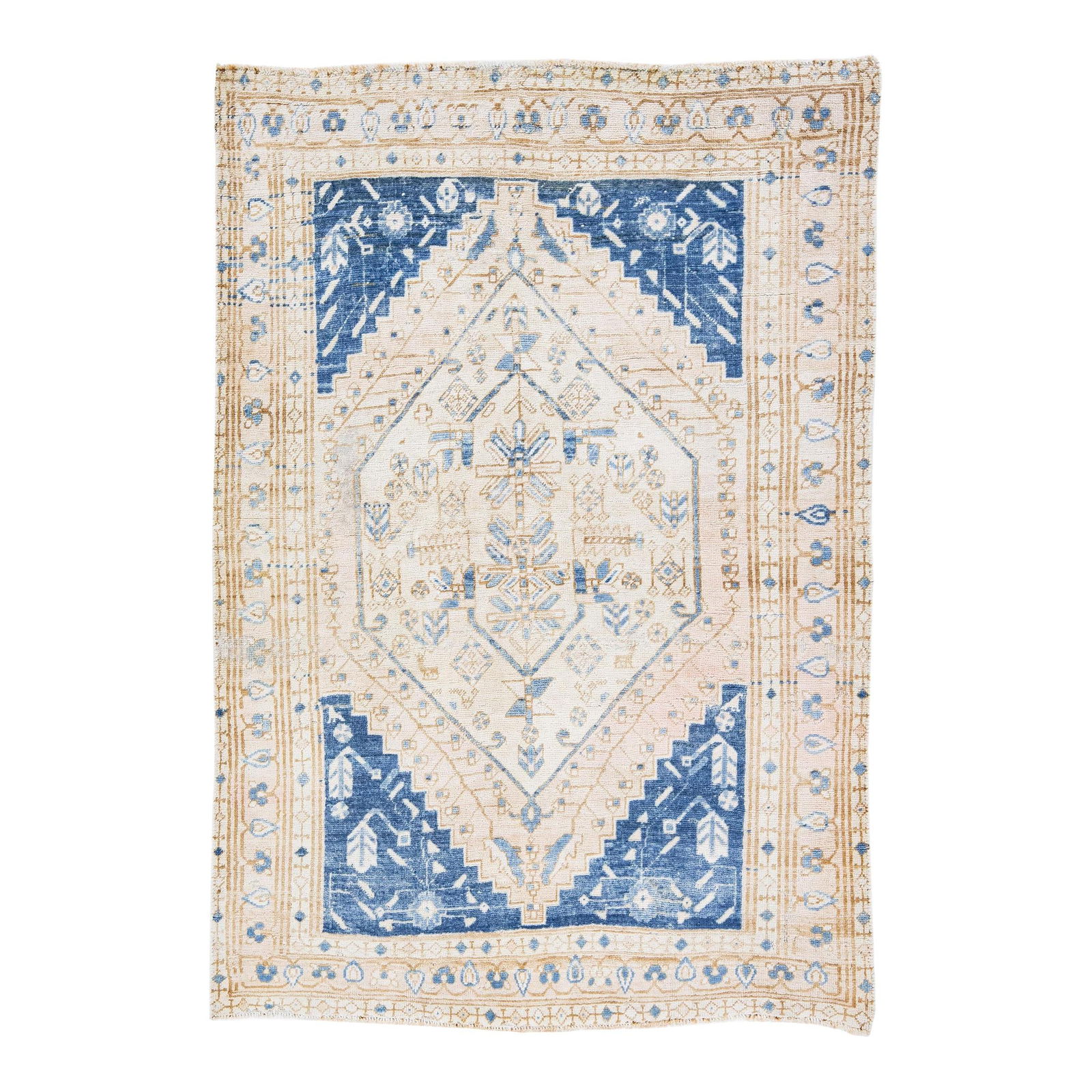 1960s Vintage Handmade Heriz Medallion Wool Rug Beige 4'3 x 6: 1960s Vintage Handmade Heriz Medallion Wool Rug Beige 4'3 x 6 Enhance your living space with this stunning vintage Heriz hand-knotted wool rug from the 1960s. Featuring a beautiful beige field, this P