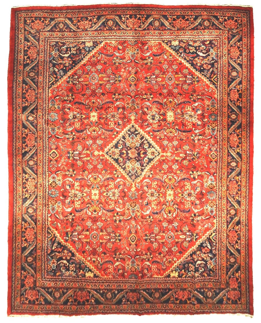 Handcrafted 10.3 x 13.7 Semi Antique Herati Mahal Rug Tomato Red: Handcrafted 10.3 x 13.7 Semi Antique Herati Mahal Rug Tomato Red Free continental US Shipping Elevate your living space with this exquisite 10' 3" x 13' 7" Semi Antique Persian Herati Mahal Rug in a s