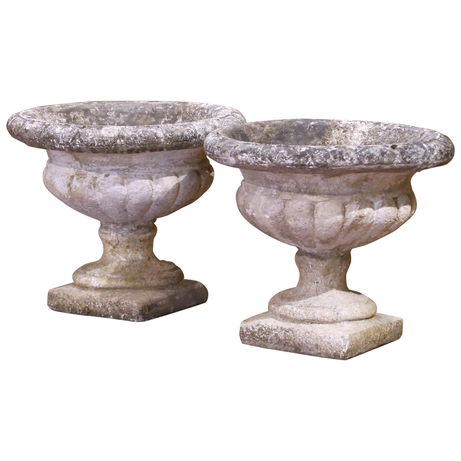 Set of 2 Antique 19th Century French Carved Stone Garden Urns: Set of 2 Antique 19th Century French Carved Stone Garden Urns Enhance your outdoor space with this exquisite pair of 19th Century French garden urns, crafted in Normandy around 1880. Made from hand-ca
