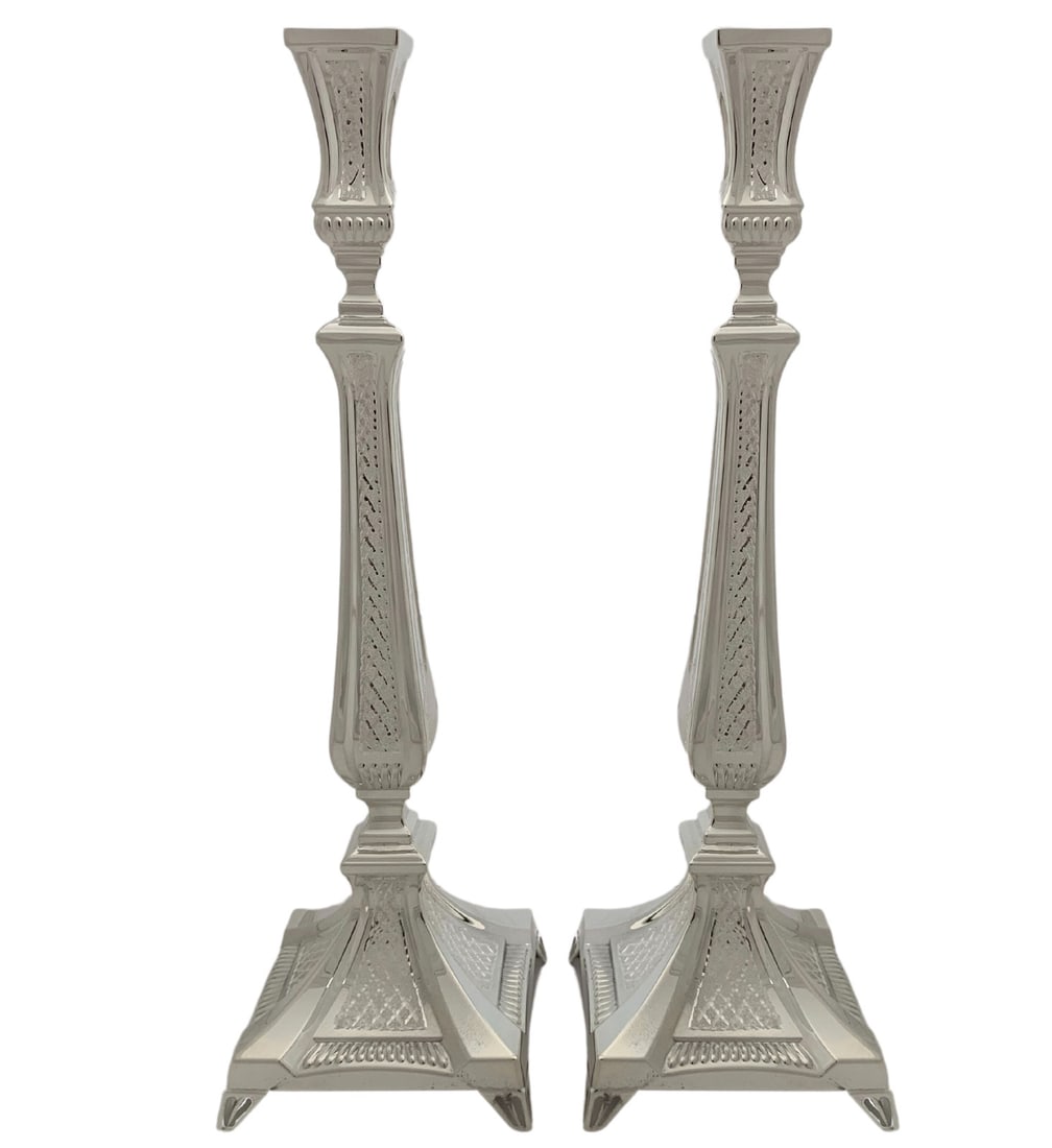 Handmade 925 Sterling Silver Diamond Cut Candlesticks 14 Inches: Handmade 925 Sterling Silver Diamond Cut Candlesticks 14 Inches Illuminate your space with these exquisite handmade modern candlesticks, crafted from fine 925 sterling silver. The sleek and shiny fini