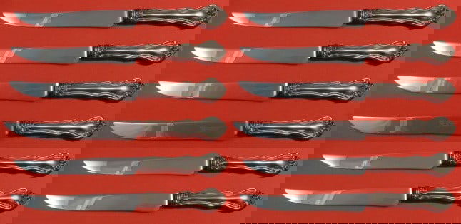 Westmorland George & Martha Sterling Silver Steak Knife Set of 12: Westmorland George & Martha Sterling Silver Steak Knife Set of 12 This exquisite custom set of 12 steak knives features the classic George & Martha pattern by Westmorland, crafted from high-quality st