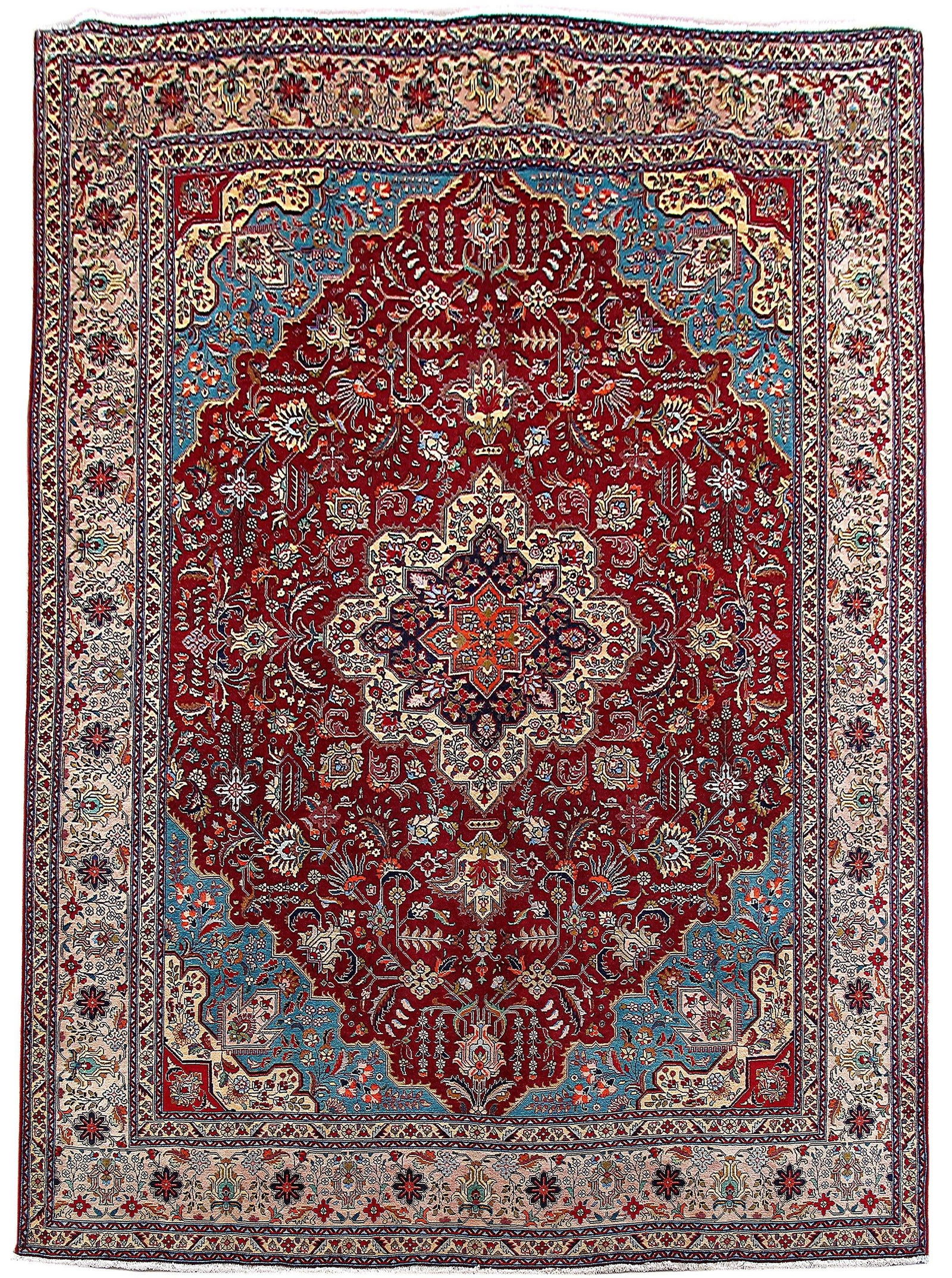 Handmade Persian Tabriz Rug 9'7 x 13'4 Red Ivory Blue: Handmade Persian Tabriz Rug 9'7 x 13'4 Red Ivory Blue Free continental US Shipping Transform your living space with this exquisite handmade Persian Tabriz rug, measuring 9' 7" x 13' 4". This opulent p