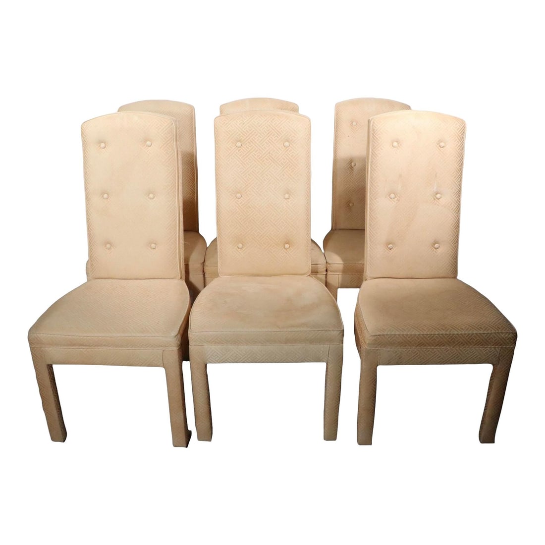 Set of Six Peach Upholstered Dining Chairs by American of Martinsville: Set of Six Peach Upholstered Dining Chairs by American of Martinsville This elegant set of six fully upholstered dining chairs showcases the distinctive style of Milo Baughman, crafted by American of