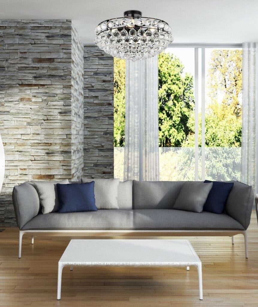 Savannah 5 Light Black Flush Mount Crystal Ceiling Fixture for Dining or Living Room: Savannah 5 Light Black Flush Mount Crystal Ceiling Fixture for Dining or Living Room This modern semi flush mount chandelier features a black frame with clear royal cut crystals, creating an elegant a