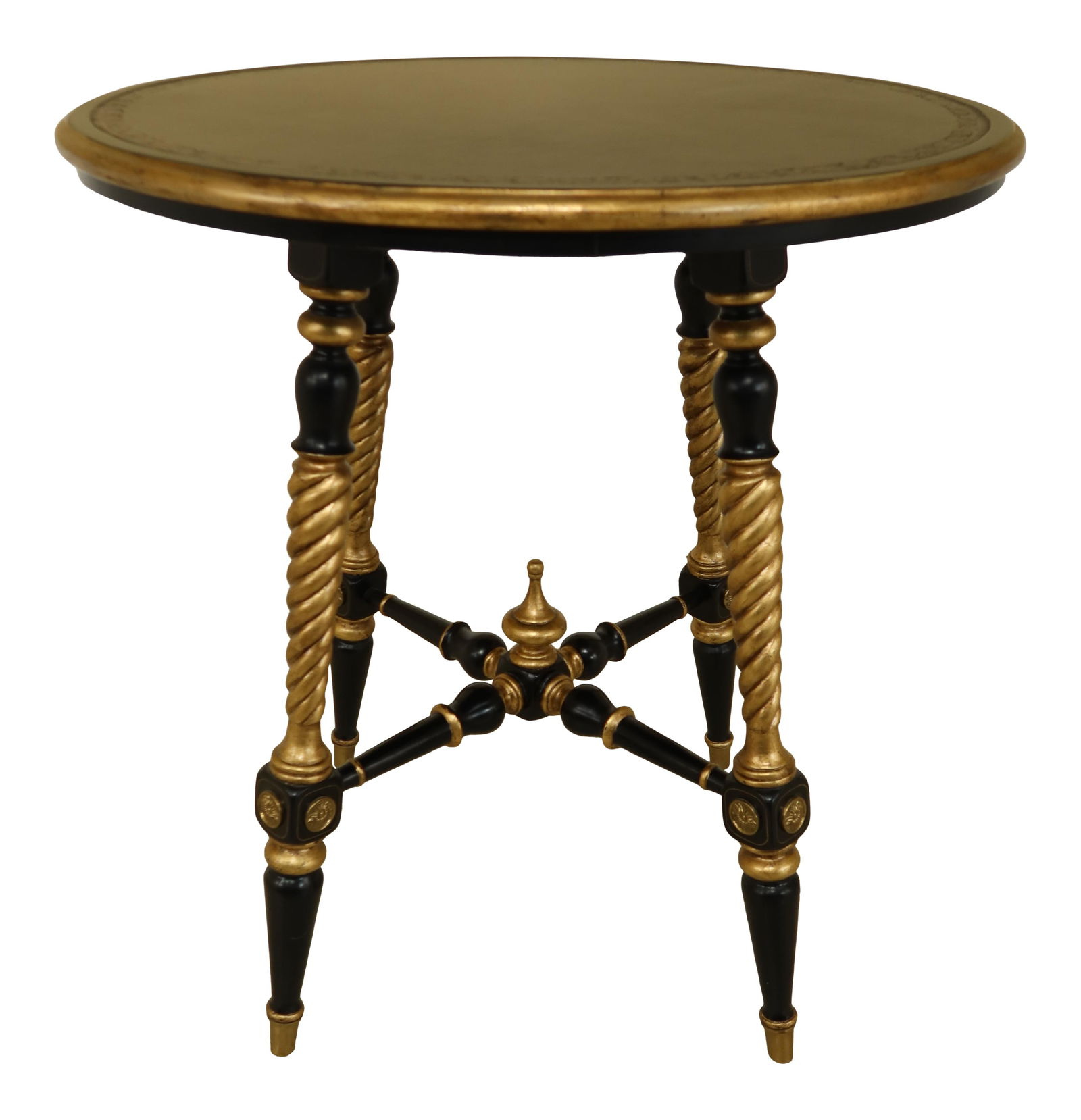 Regency Style Round High Pub Table Black Leather Gold Trim 36": Regency Style Round High Pub Table Black Leather Gold Trim 36" This Regency Style Round High Pub Table features an elegant black and gold design that enhances any space. Crafted with high-quality mate