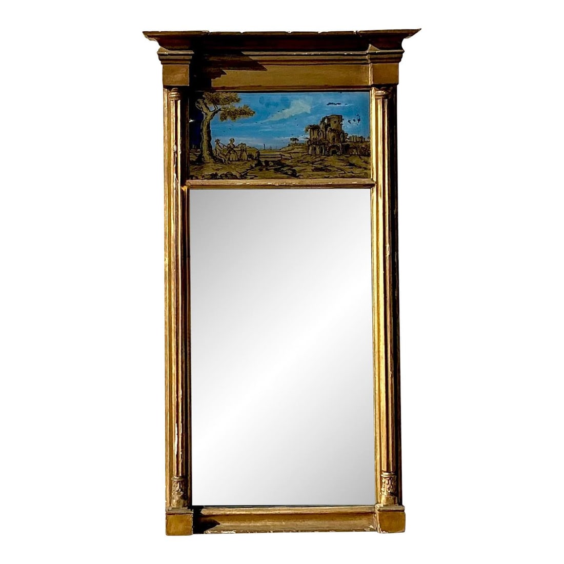 Vintage Regency Gilt Eglomise Mirror with Hand-Painted Scene: Vintage Regency Gilt Eglomise Mirror with Hand-Painted Scene Enhance your living space with this stunning Vintage Regency Gilt Eglomise Mirror. This exquisite piece features a hand-painted eglomise pa