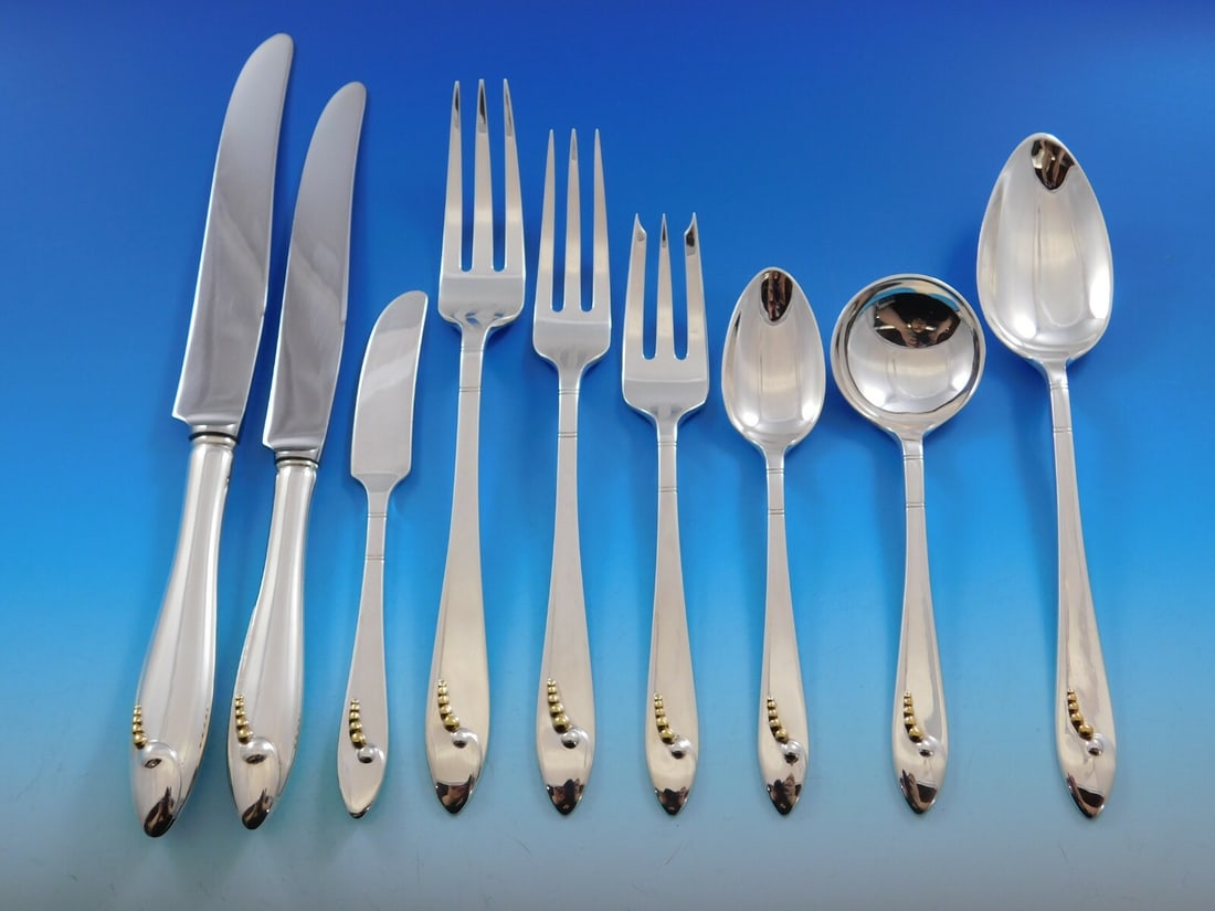 Black Starr & Gorham Golden Caviar Sterling Silver Flatware Set 99 pc for 12: Black Starr & Gorham Golden Caviar Sterling Silver Flatware Set 99 pc for 12 Discover the elegance of the Golden Caviar flatware set, crafted by renowned makers Black Starr & Gorham. This unique 99-pi