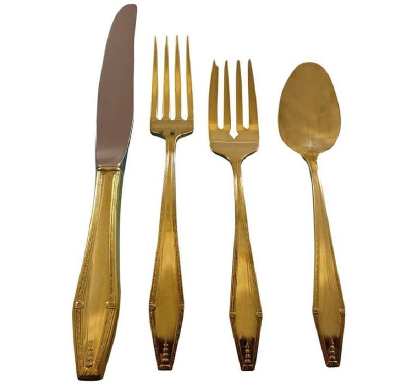 Formality by State House Gold-Washed Sterling Silver Flatware Set 48 Pieces: Formality by State House Gold-Washed Sterling Silver Flatware Set 48 Pieces Elevate your dining experience with the Formality by State House Sterling Silver Flatware Set, featuring a luxurious vermeil