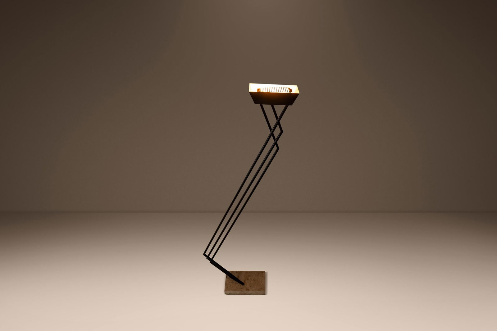 Italian Cantilever Floor Lamp with Travertine Base Postmodern 1980s 6 Foot Freestanding: Italian Cantilever Floor Lamp with Travertine Base Postmodern 1980s 6 Foot Freestanding This floor lamp, crafted in Italy during the 1980s, features a distinctive cantilever design with three connecte