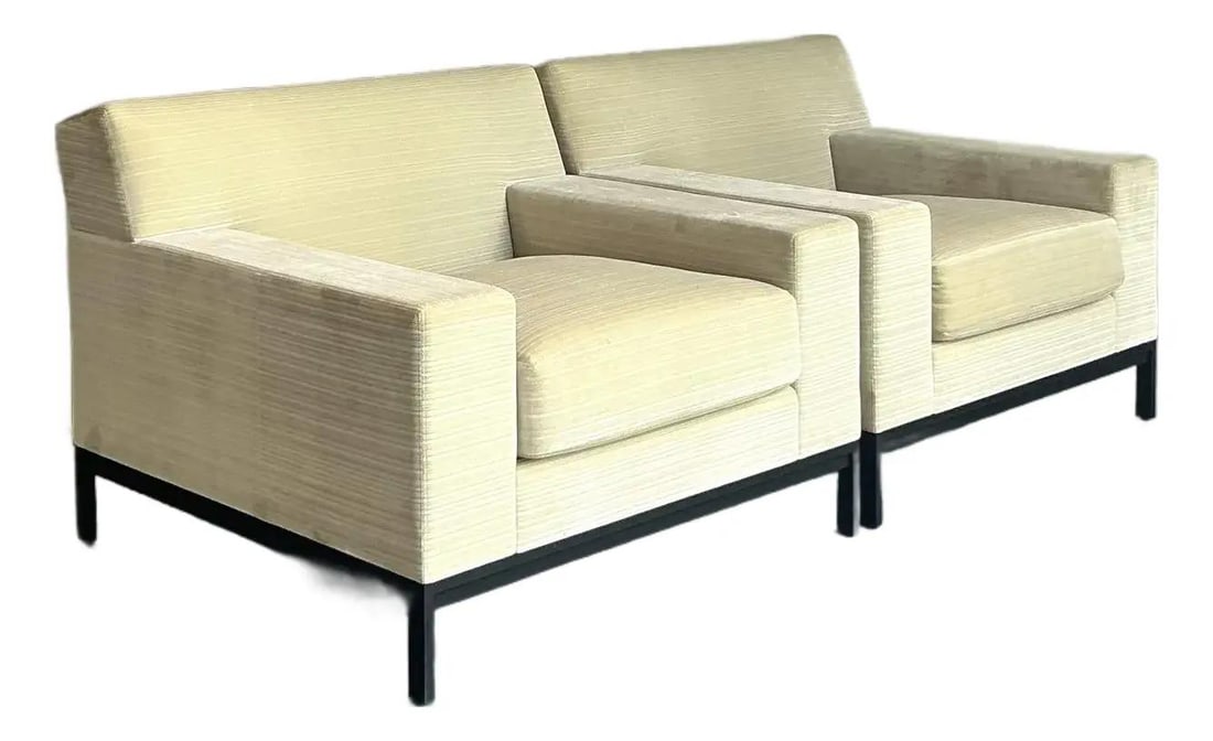 Pair of Vintage Christian Liaigre Upholstered Armchairs in Pale Yellow: Pair of Vintage Christian Liaigre Upholstered Armchairs in Pale Yellow Elevate your living space with this exquisite pair of armchairs designed by the renowned French designer, Christian Liaigre. Know