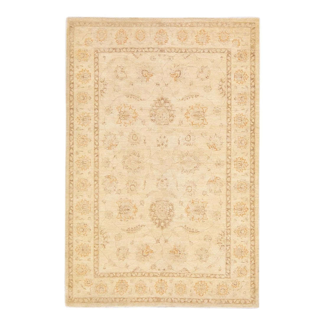 Beige Floral Modern Oushak Hand-Knotted Wool Rug 6'8 x 9'11: Beige Floral Modern Oushak Hand-Knotted Wool Rug 6'8 x 9'11 Experience elegance with this modern Oushak hand-knotted wool rug, featuring a beautiful beige field adorned with brown and orange accents i