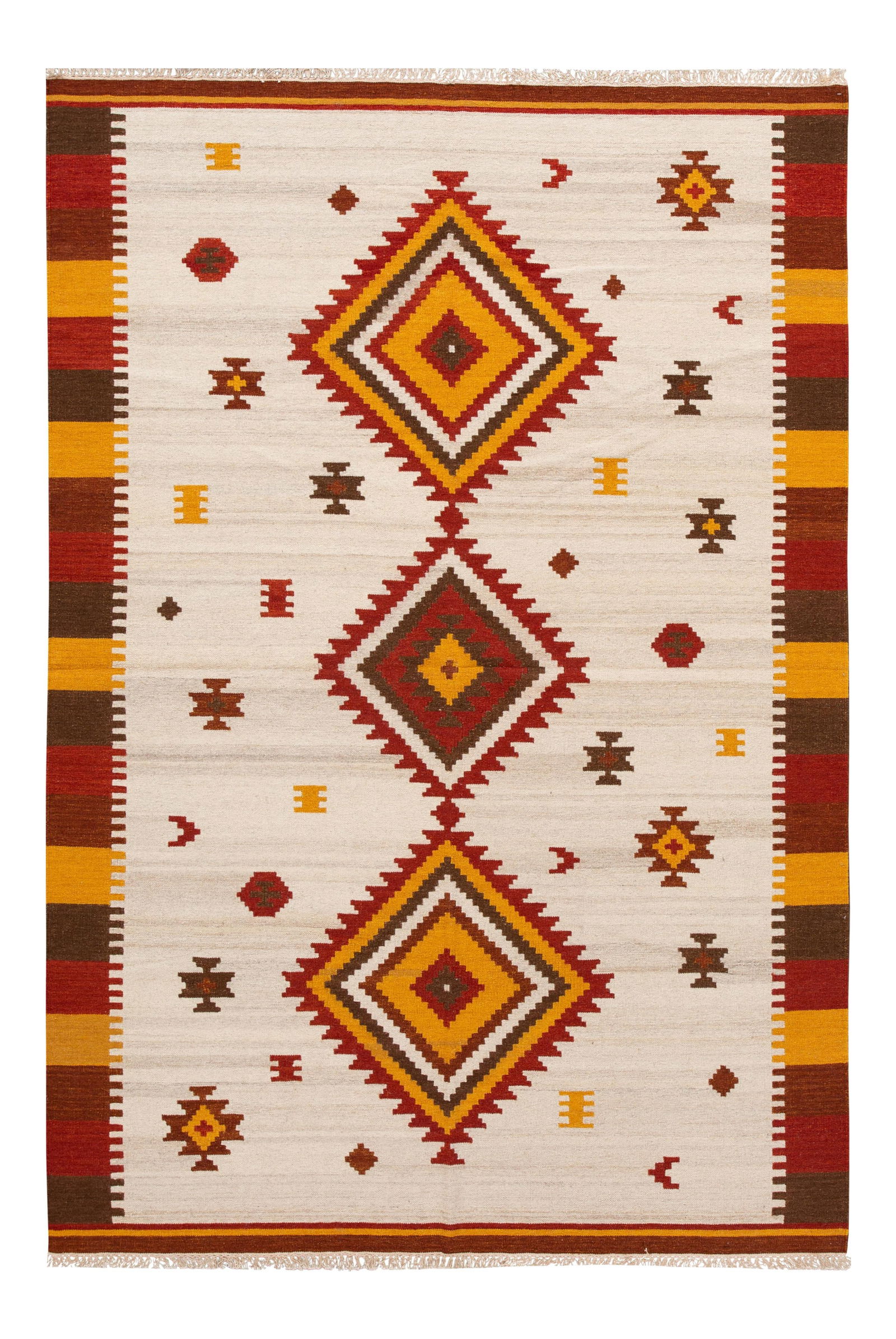 Hand-Woven Modern Kilim Rug Ivory Geometric Wool 6'6" x 9'10": Hand-Woven Modern Kilim Rug Ivory Geometric Wool 6'6" x 9'10" Enhance your space with this stunning hand-woven modern Kilim rug, featuring an elegant ivory field and vibrant multi-color accents showca