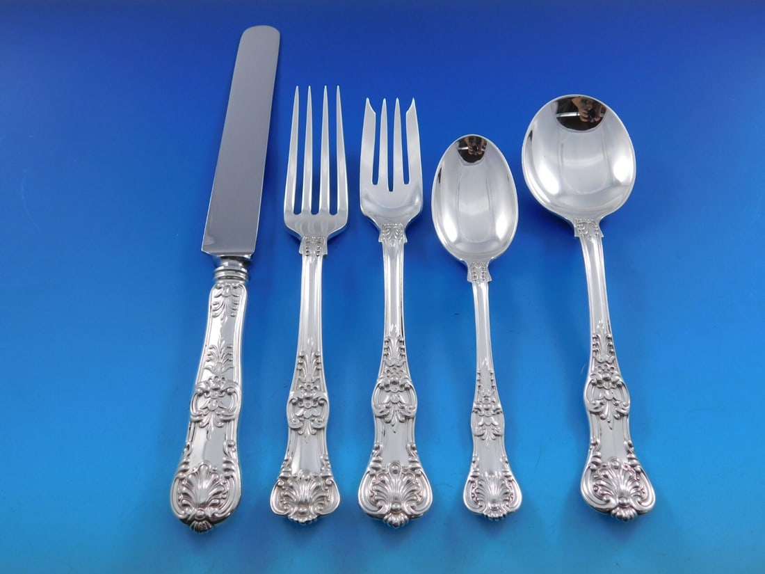 Tiffany & Co English King Sterling Silver Flatware Set 60 Pieces with Storage Chest: Tiffany & Co English King Sterling Silver Flatware Set 60 Pieces with Storage Chest Elevate your dining experience with this exquisite 60-piece Sterling Silver Flatware Set from Tiffany & Co., featuri