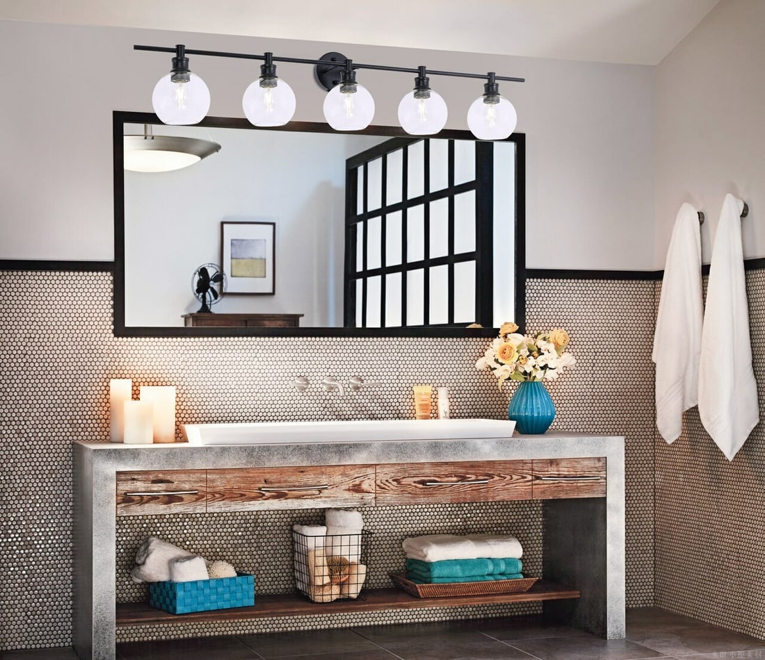 Collier 5-Light Black Metal and Glass Wall Sconce Fixture 47 Inch Modern Indoor: Collier 5-Light Black Metal and Glass Wall Sconce Fixture 47 Inch Modern Indoor This modern wall sconce features a sleek black metal frame with five clear glass round shades, designed to provide styli