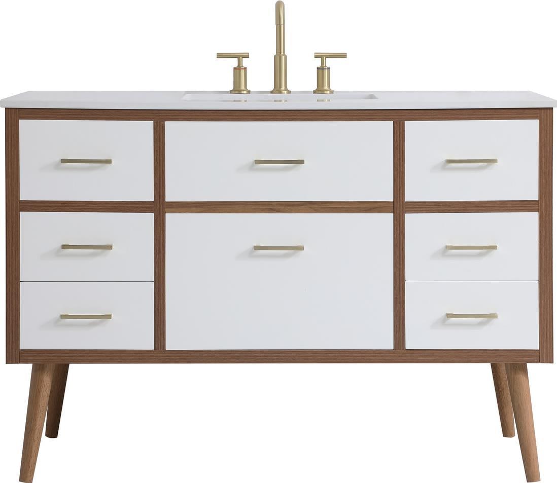 Elegant Lighting 48 Inch White Vanity Gold Accents Mid-Century Modern: Elegant Lighting 48 Inch White Vanity Gold Accents Mid-Century Modern This stylish 48-inch bathroom vanity features a sleek matte white finish complemented by elegant gold accents. Designed in a Mid-C