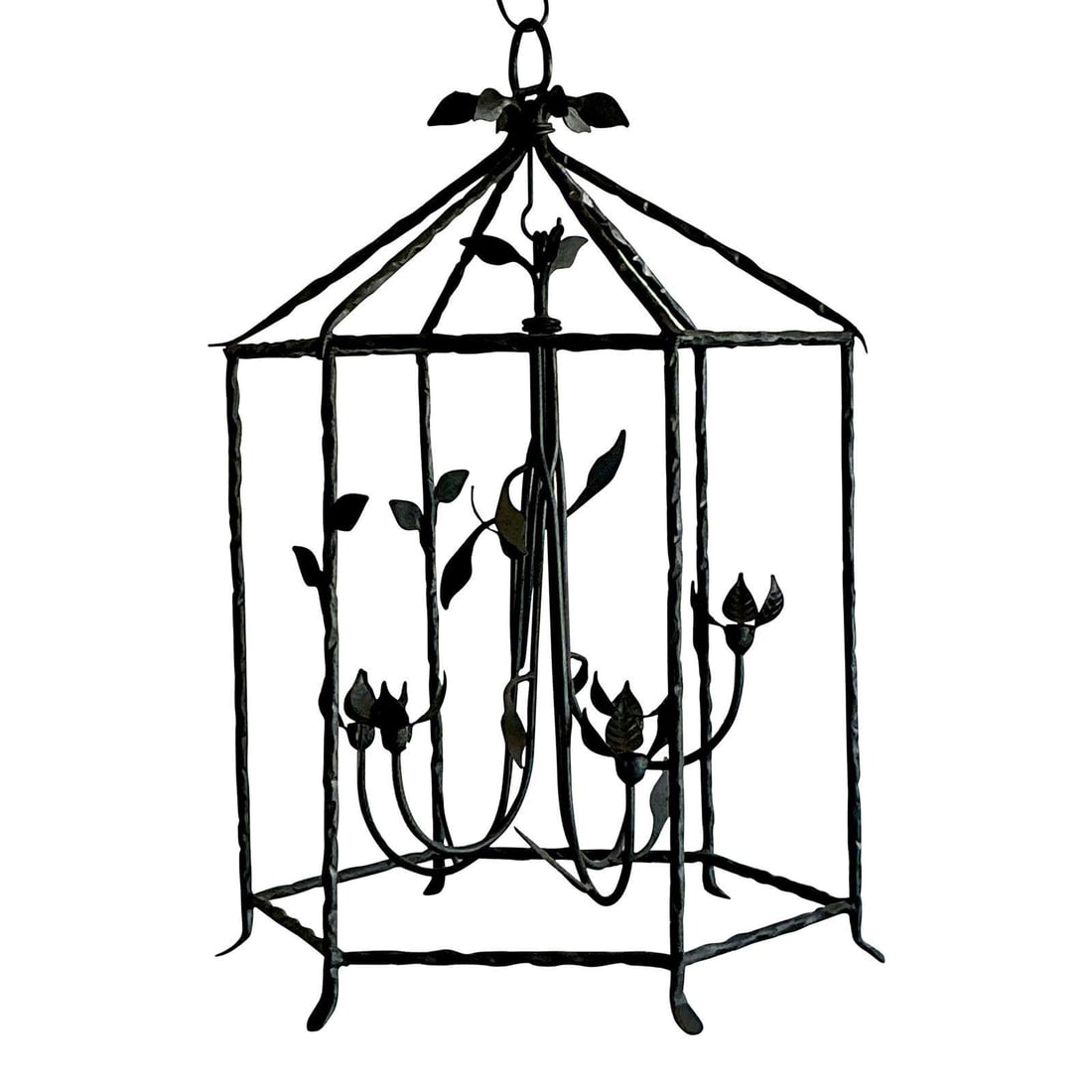 Vintage Hand-Forged Metal Candle Lantern with Vine Motifs 24 x 20.5 x 33.75: Vintage Hand-Forged Metal Candle Lantern with Vine Motifs 24 x 20.5 x 33.75 Experience the dramatic elegance of this Vintage Regency Vine Candle Lantern, a substantial sculptural piece crafted from ha