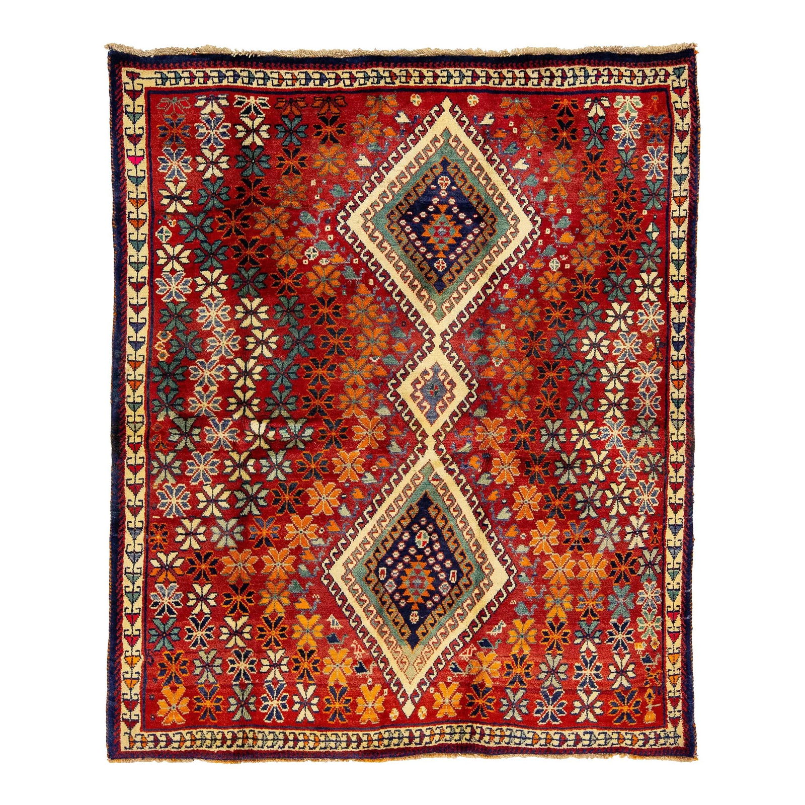 Vintage Handmade Shiraz Wool Rug Red Floral Design 4'7 x 5'7: Vintage Handmade Shiraz Wool Rug Red Floral Design 4'7 x 5'7 Enhance your interior with this exquisite Vintage Handmade Shiraz Wool Scatter Rug, featuring a rich red base adorned with vibrant blue and