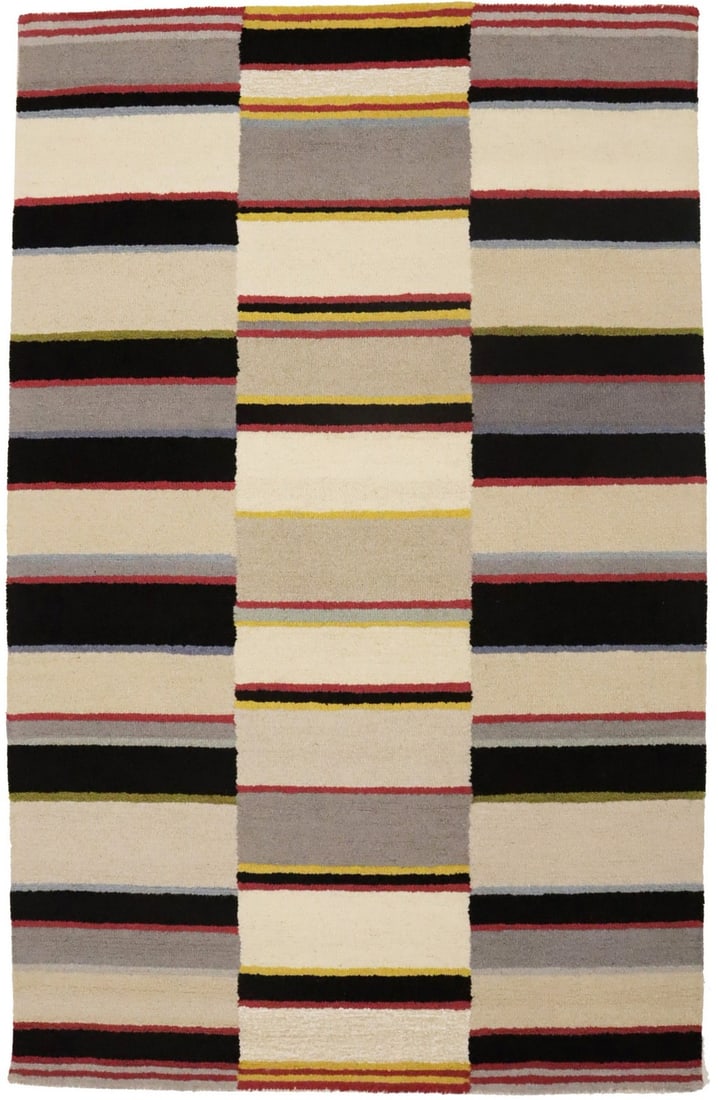Hand-Tufted 5x8 Multicolored Striped Rug for Kids Room: Hand-Tufted 5x8 Multicolored Striped Rug for Kids Room Enhance your child's space with this vibrant Hand-Tufted 5' x 8' modern rug featuring a lively multicolored striped design. Crafted from high-qua