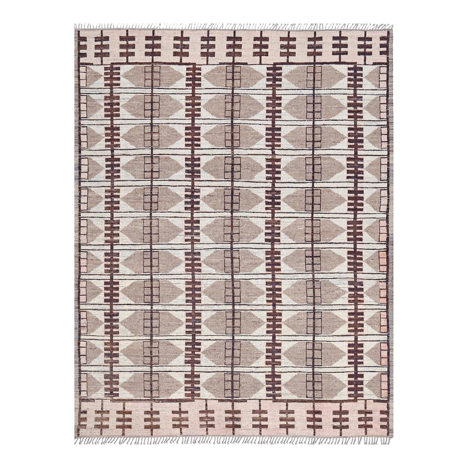 Handmade Beige Moroccan Wool Rug 10'2 x 12'4 Art Deco Design: Handmade Beige Moroccan Wool Rug 10'2 x 12'4 Art Deco Design Enhance your living space with this exquisite hand-knotted modern Moroccan wool rug, featuring a sophisticated beige color and a captivatin