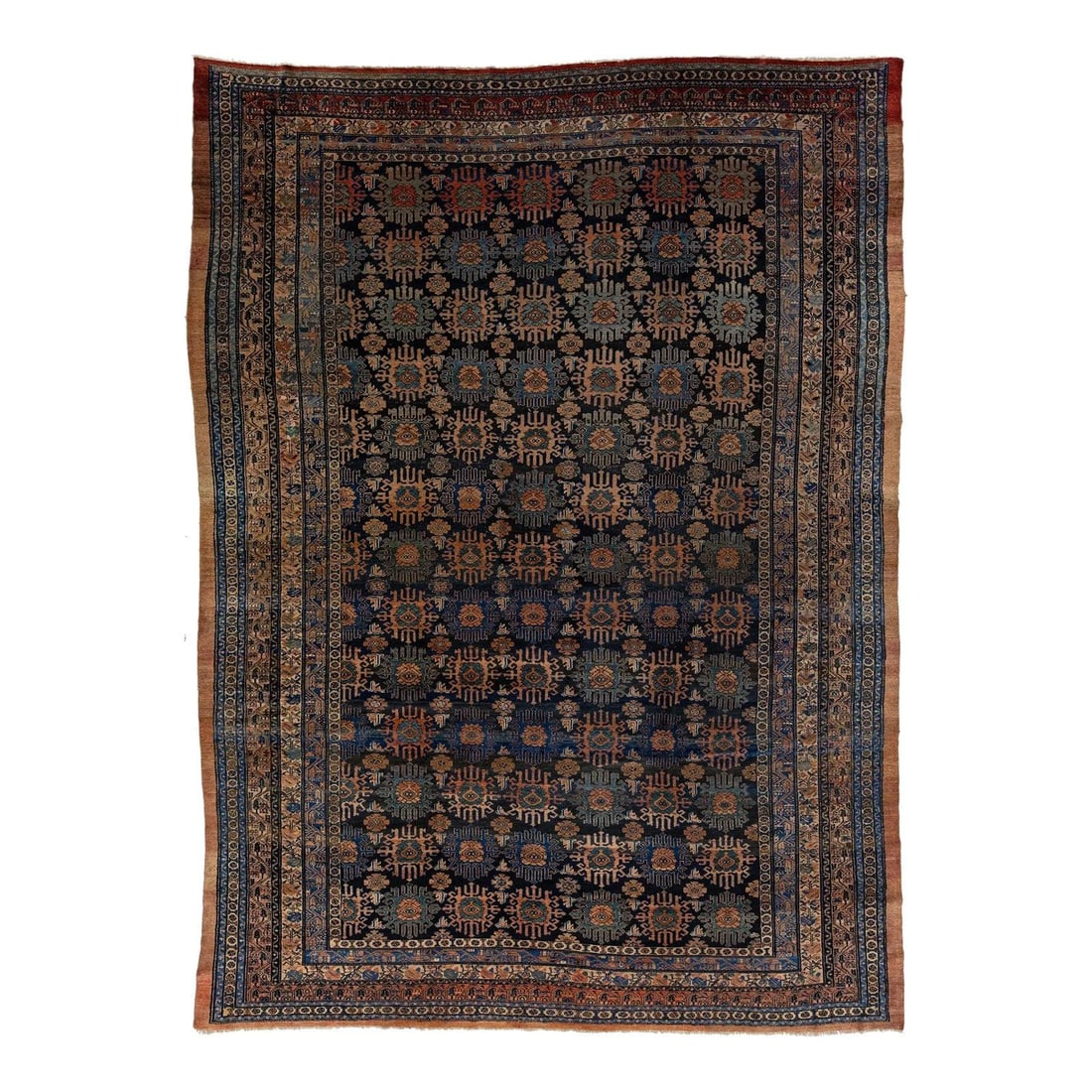 Antique Persian Hamadan Wool Rug 9'6 x 12'10 Handcrafted 1900s Blue: Antique Persian Hamadan Wool Rug 9'6 x 12'10 Handcrafted 1900s Blue This exquisite antique Hamadan wool rug, handcrafted in the 1900s, showcases a rich dark blue field adorned with a stunning allover