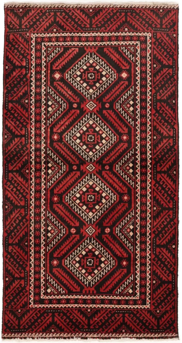 Vintage Wool Area Rug 3'3 x 6'5 Tribal Geometric Red Handmade Carpet: Vintage Wool Area Rug 3'3 x 6'5 Tribal Geometric Red Handmade Carpet This handmade Oriental rug features a striking tribal geometric pattern in shades of red, charcoal, cream, and bittersweet red. Cra