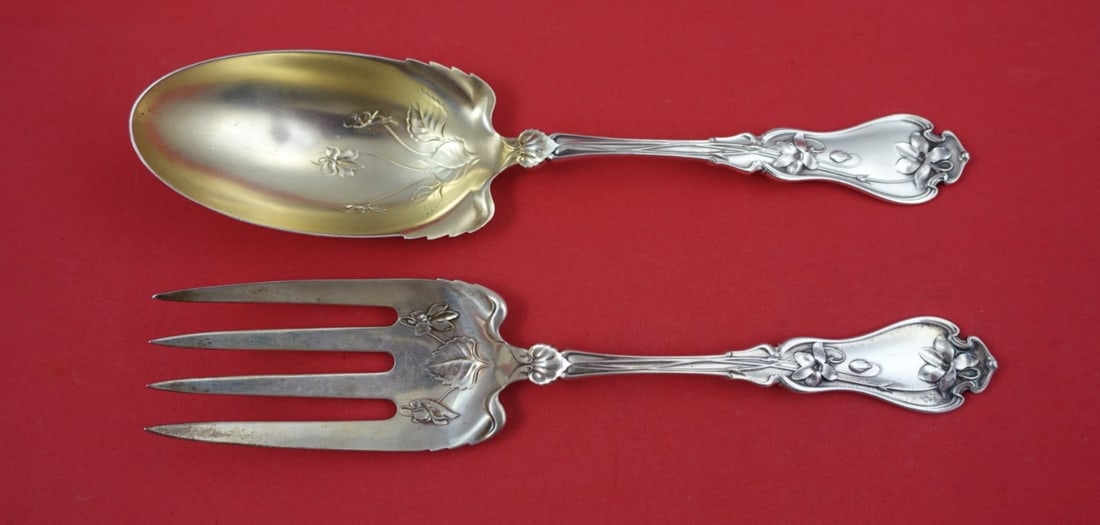 Sterling Silver Violet Pattern Salad Serving Set with Gold Wash by Whiting 9 1/8" (1 of 2)