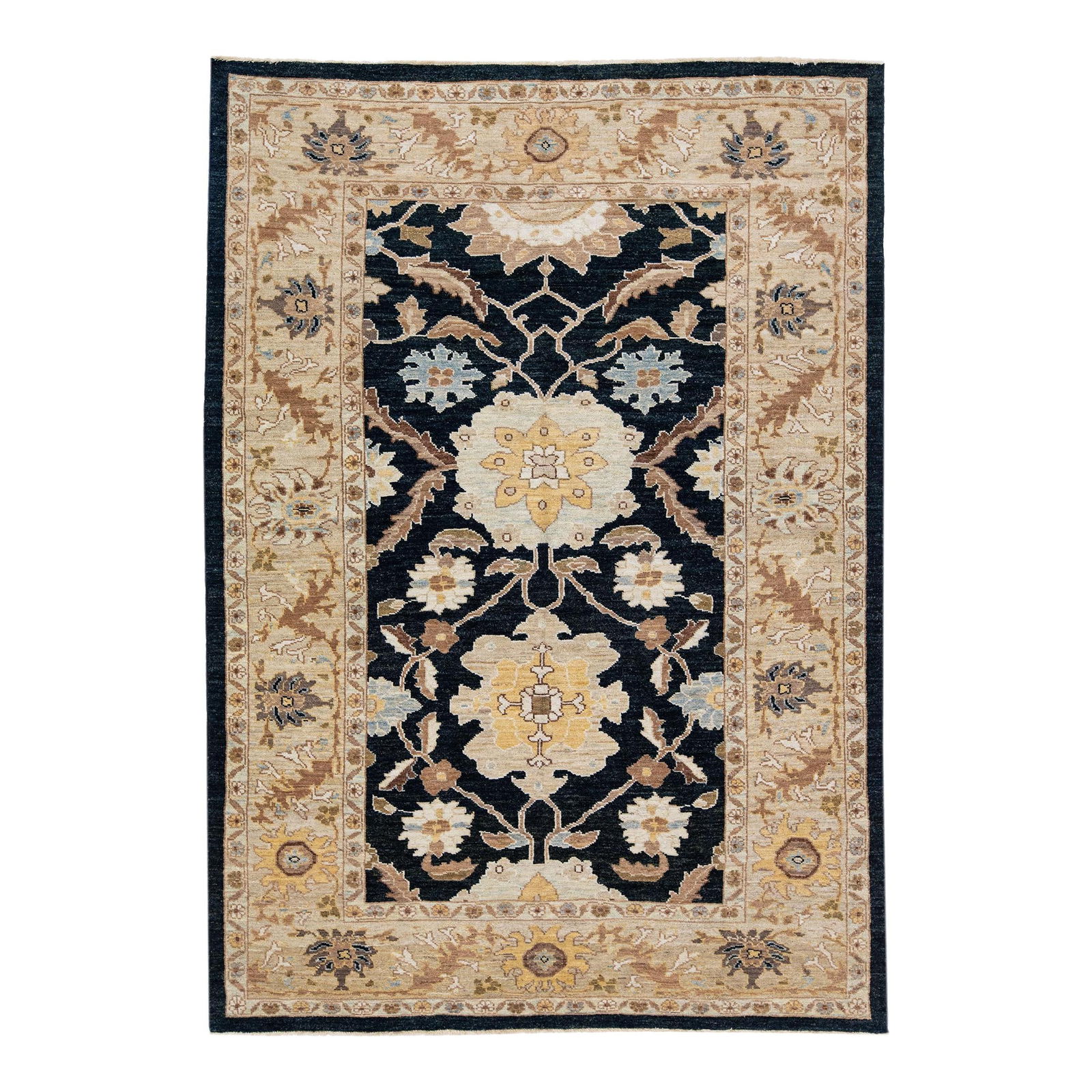 Sultanabad Handmade Wool Rug Dark Blue Floral Design 6'8 x 9'9: Sultanabad Handmade Wool Rug Dark Blue Floral Design 6'8 x 9'9 Enhance your space with this stunning Dark Blue Modern Floral Sultanabad Handmade Wool Rug. This exquisite hand-knotted rug features a de