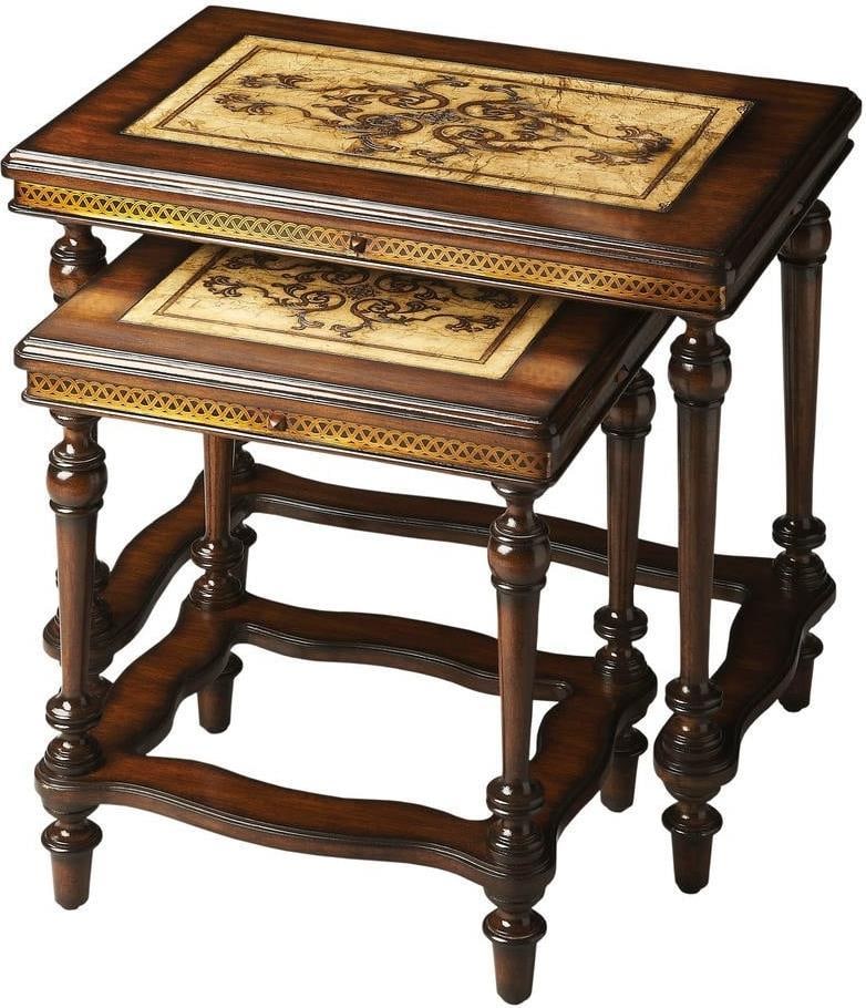 Butler Heritage Art Nouveau Side Tables Brass Mahogany Finish: Butler Heritage Art Nouveau Side Tables Brass Mahogany Finish Enhance your living space with these elegant Art Nouveau-inspired side tables, showcasing a formal style that complements any decor. Craft