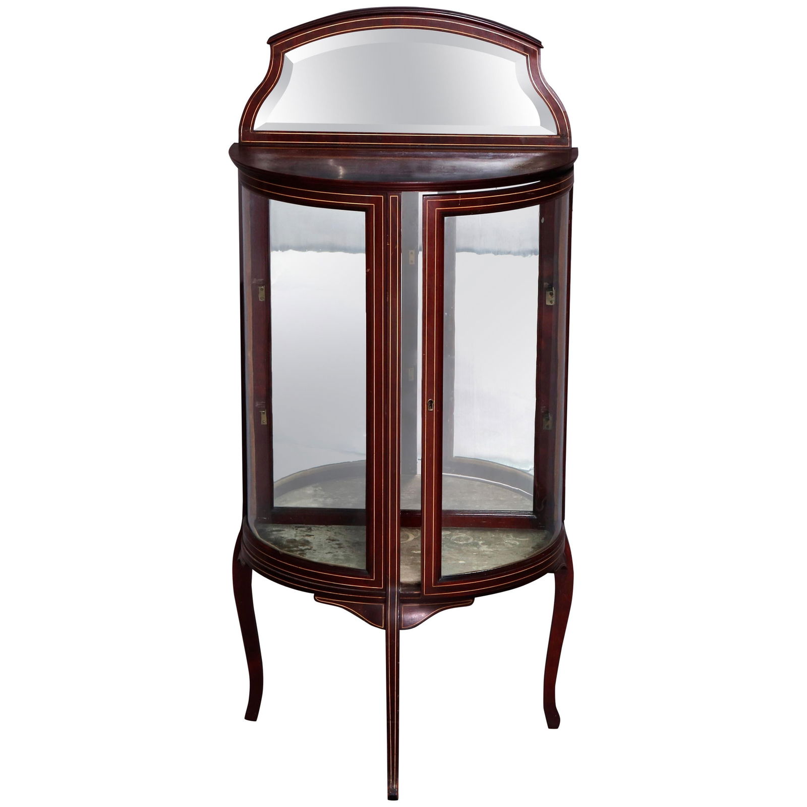 Antique French Louis XVI Mahogany Demilune Vitrine circa 1900: Antique French Louis XVI Mahogany Demilune Vitrine circa 1900 This exquisite Antique French Louis XVI Mahogany Demilune Vitrine, crafted circa 1900, showcases elegant mahogany construction in a gracef