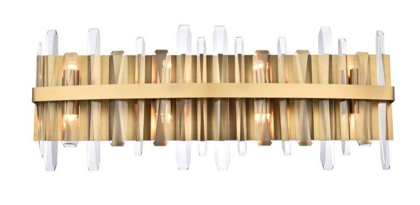 Serena 8 Light Satin Gold Crystal Wall Sconce 30 inch: Serena 8 Light Satin Gold Crystal Wall Sconce 30 inch Illuminate your space with this stunning 30-inch Satin Gold Wall Sconce featuring 8 lights. The modern design is complemented by clear crystal acc