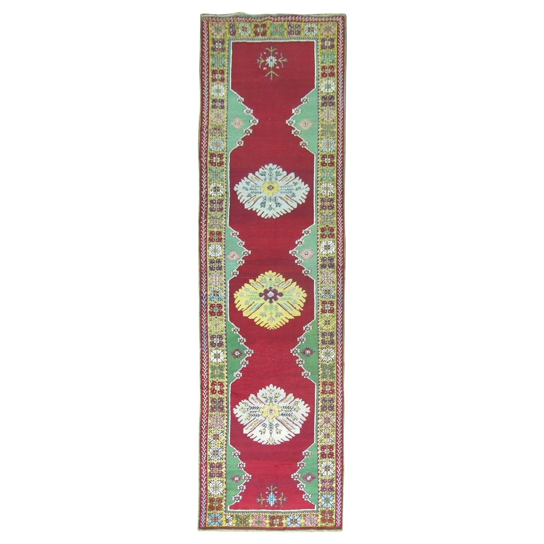Vibrant Antique Turkish Melas Runner Wool Hand-Knotted 3'4'' x 12'3'': Vibrant Antique Turkish Melas Runner Wool Hand-Knotted 3'4'' x 12'3'' Explore the beauty of the Zabihi Collection with this exquisite Antique Turkish Melas Runner. This vibrant piece features a stunni